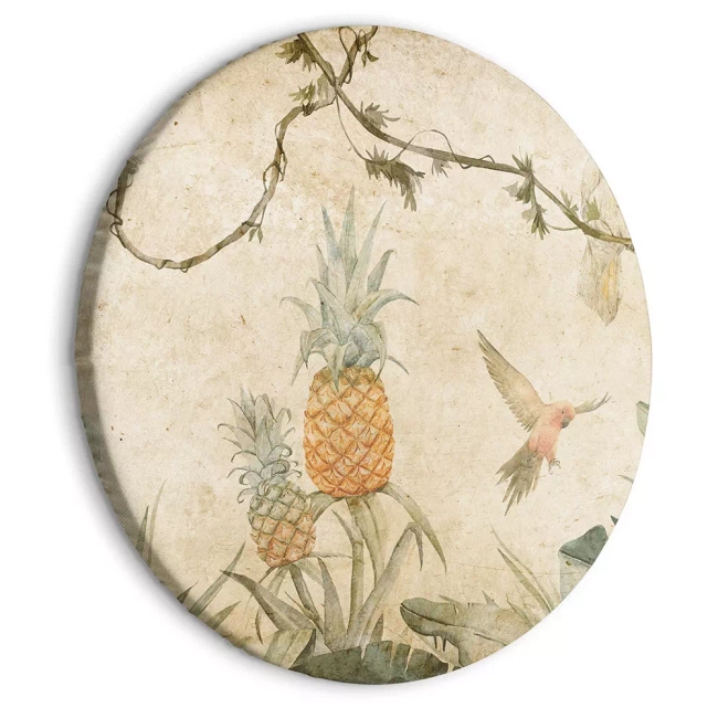 Obraz okrągły - Ananas liście tropikalne i ptak na beżowym tle